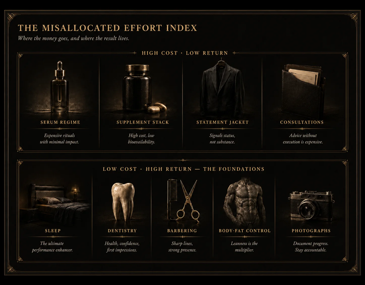 The Misallocated Effort Index. Upper register, high cost and low return: serum regime, supplement stack, statement jacket, consultations. Lower register, low cost and high return, the foundations: sleep, dentistry, barbering, body-fat control, photographs.
